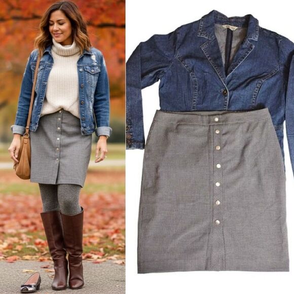 LOFT Grey Black Houndstooth Button Front Lined Straight Skirt Size 12 - Picture 4 of 15